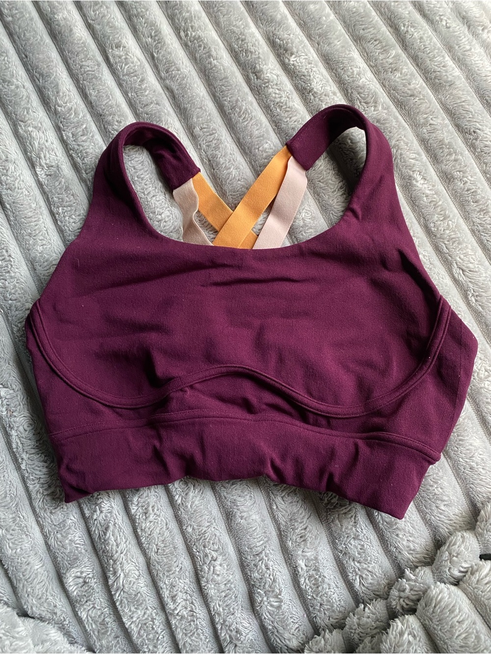 Fabletics Plum Sports Bra with Peach and Tan Crisscross Straps